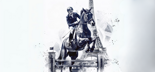 Equestrian rider jumping over an obstacle with the Eiffel Tower in the background, blending tradition and modernity